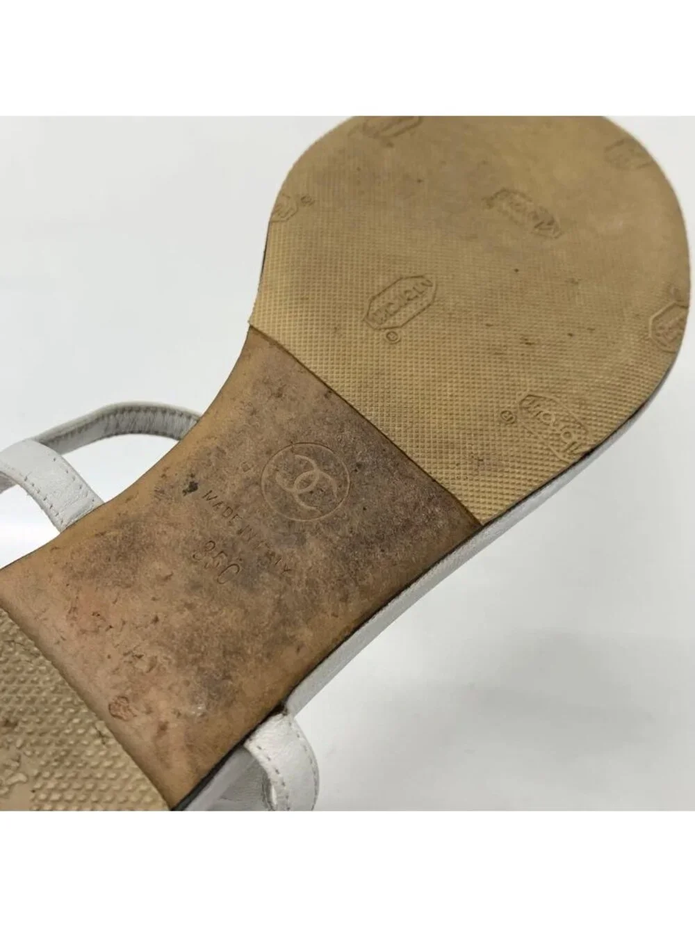 Chanel CC Logo Leather Line Stone Strap Thong Sandals